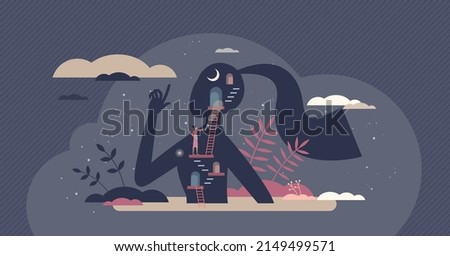 Mental self discovery and inner personality explore tiny person concept. Personal emotions and feelings psychological research with therapy session vector illustration. Woman searching for identity.