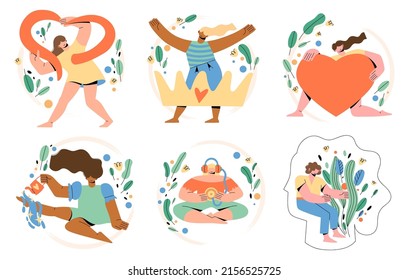 Mental self-love and health. Set of multinational smiling women in different poses with plants and flowers. The concept of self-acceptance, psychological therapy, cultivation of the inner world.