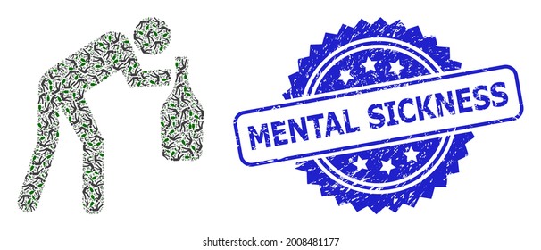Impresión de sellado de goma de espesor mental y hombre ebrio de mosaico recursivo vectorial. El sello azul tiene el pie de foto de Enfermedad mental dentro de la roseta. El collage de vectores se compone de elementos de hombre druncos de rotación recursiva.