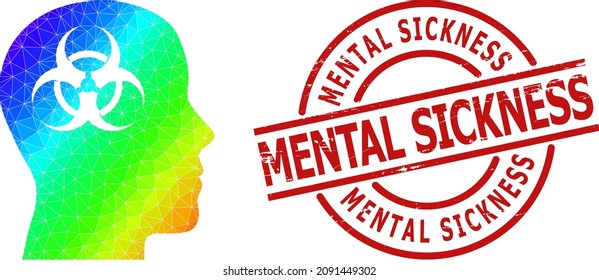 Margen de agua texturada con espesor mental e icono del virus mental de bajo espectro coloreado con gradiente. El sello rojo tiene la leyenda de Enfermedad mental en forma de redondo y líneas.
