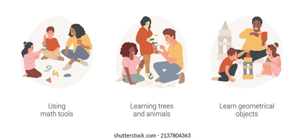 Mental skills development isolated cartoon vector illustration set. Using math tools, learning trees and animals, learn geometrical objects, daycare center, children in kindergarten vector cartoon.