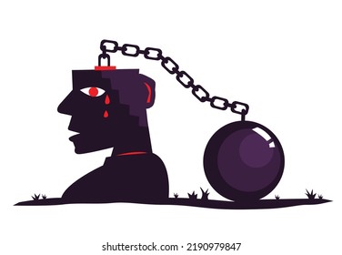 Mental Slavery Or Illness In The Brain That Can't Be Cured. Editable Clip Art.