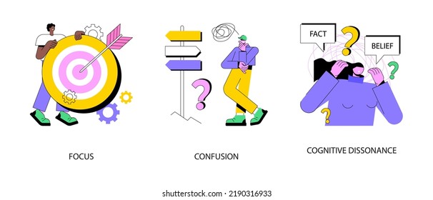 Mental state abstract concept vector illustration set. Focus on success, confusion, cognitive dissonance, business goal, mental discomfort, missing out, decision making, experience abstract metaphor.