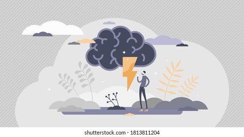 Mental state and condition as mind emotion and feeling tiny person concept. Mindset health balance and propositional attitudes vector illustration. Psychological breakdown and frustration problems.