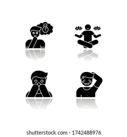 Mental State Drop Shadow Black Glyph Icons Set. Sense Of Wonder. Creative Thinking. Man Feeling Calm. Fear From Phobia. Person Feeling Shy. Panic Attack. Isolated Vector Illustrations On White Space