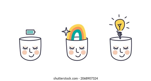 Mental state of happiness, good mood and positive thinking. Encouragement and energy. Effect after emotional psychotherapy. Vector doodle heads symbolizing the absence of psychological problems.