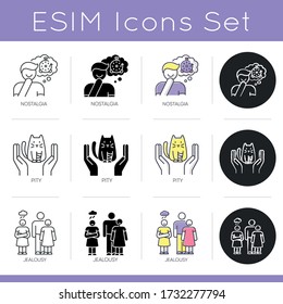 Mental state icons set. Positive mood from nostalgia. Man feeling sentimental. Pity and compassion. Woman jealous of man. Linear, black and RGB color styles. Isolated vector illustrations