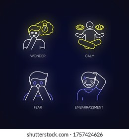 Mental state neon light icons set. Sense of wonder. Creative thinking. Man feeling calm. Fear from phobia. Person feeling shy. Signs with outer glowing effect. Vector isolated RGB color illustrations