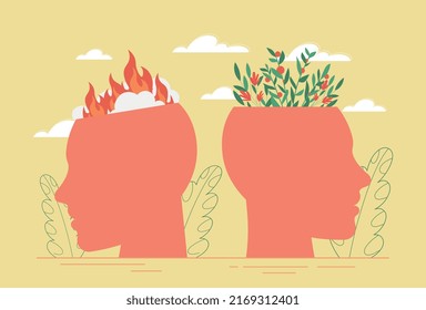 Mental states concept. Two abstract head silhouettes, one lit and other in flowers. Positivity and optimism versus negativity and pessimism. Two types of thinking. Cartoon flat vector illustration