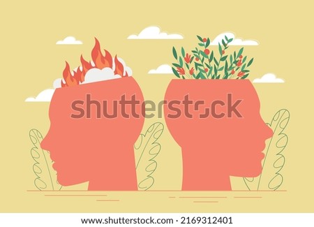 Mental states concept. Two abstract head silhouettes, one lit and other in flowers. Positivity and optimism versus negativity and pessimism. Two types of thinking. Cartoon flat vector illustration