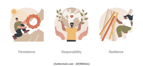 Mental strength abstract concept vector illustration set. Persistence and responsibility, building emotional resilience, psychological flexibility, determination to achieve goal abstract metaphor.