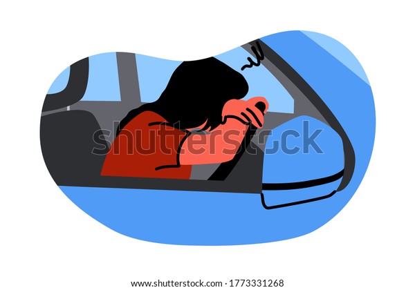 Mental stress, frustration, depression, fatigue,\
sleep concept. Young unhappy depressed stressful frustrated woman\
driver character sleeping on steering wheel. Annoyance about\
stucking in car\
traffic.