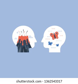 Mental stress or harmony in head concept, anger or calm mind comparison, impatience or tolerance, mood swing or panic attack, positive or negative emotions trigger, vector icon, flat illustration