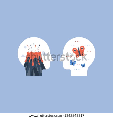 Mental stress or harmony in head concept, anger or calm mind comparison, impatience or tolerance, mood swing or panic attack, positive or negative emotions trigger, vector icon, flat illustration