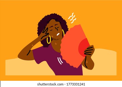 Mental stress, heat, dehydration, inconvenience concept. Stressed exhaustion annoyed young woman sitting on sofa using waving fan suffering from overheating in summer. Absence air conditioner at home.