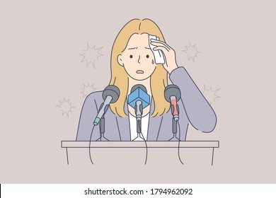 Psychischer Stress, Sprache, Psychologie, Business, Konferenzkonzept. Junge stressreiche besorgte Geschäftsfrau Cartoon-Figur auf Tribune, die unter Angst vor öffentlichen Äußerungen oder Panikattacken leidet.