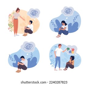 Mental support flat concept vector illustration set. Overcome depression. Help with stress. Editable 2D cartoon characters on white for web design. Creative idea for website, mobile, presentation