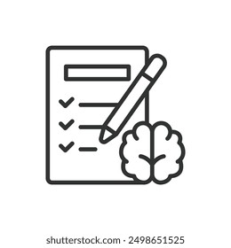 Mental test, in line design. Psychological evaluation, cognitive assessment, mental health, IQ test, brain test, on white background vector. For the theme Mental test editable stroke icon.