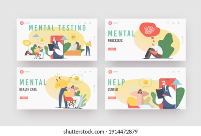 Conjunto de plantillas de la página de inicio de pruebas mentales. Consulta en línea de ayuda para psicoterapia. Personaje femenino deprimido y psicóloga médica en enorme pantalla de teléfono móvil. Ilustración de vectores de personas de caricatura