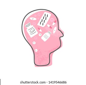 Mental therapy concept. Human head with gears, pills and medical decoration. Vector illustration.