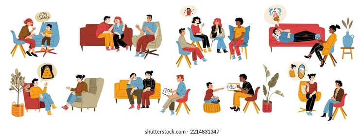 Mental therapy, health, psychotherapy session set. People visit psychologist for support and mind treatment. Adults, children, group of characters speak with doctor, Cartoon linear vector illustration