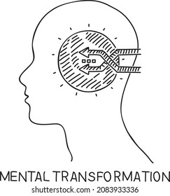 Mental transformation - sketchy vector illustration. Head with the circle and the 2 arrows pointing inside.