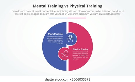 mental vs physical training comparison opposite infographic concept for slide presentation with big circle puzzle shape with flat style vector