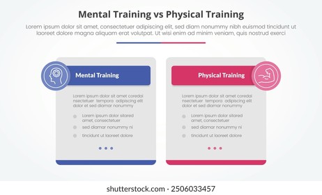 mental vs physical training comparison opposite infographic concept for slide presentation with big box table and circle badge header with flat style vector