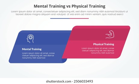 mental vs physical training comparison opposite infographic concept for slide presentation with skew round rectangle box side by side with flat style vector