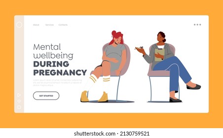 Mental Wellbeing During Pregnancy Landing Page Template. Upset Pregnant Woman Visit Courses With Psychological Support. Coach And Pregnant Female Character Discuss. Cartoon People Vector Illustration