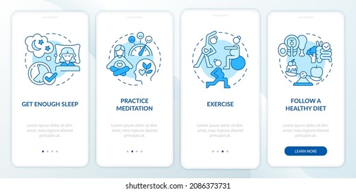 Mental wellbeing during pregnancy onboarding mobile app page screen. Meditation walkthrough 4 steps graphic instructions with concepts. UI, UX, GUI vector template with linear color illustrations