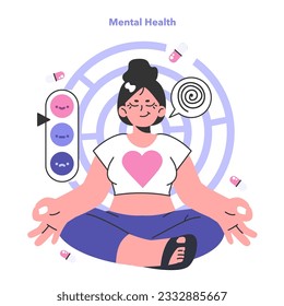 Mental wellbeing or health. Calm emotions and happiness mindset. Woman in yoga and meditation pose. Psychological detox. Self-care schedule. Flat vector illustration