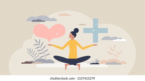 Mental wellbeing with love and health balance for peace tiny person concept. Calm emotions and happiness mindset with value esteem and appreciation vector illustration. Female yoga and meditation pose