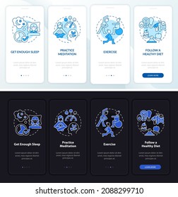 Mental wellbeing onboarding mobile app page screen. Practice meditation walkthrough 4 steps graphic instructions with concepts. UI, UX, GUI vector template with linear night and day mode illustrations