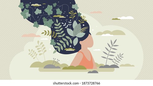 Mental wellbeing as spiritual, healthy and creative mind tiny person concept. Artistic world or thoughts with inner peace and harmony care vector illustration. Imagination from meditation or knowledge