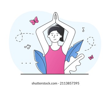 Mental Wellness Concept. Girl Stands With Her Hands Above Her Head. Pose Or Asana From Yoga. Sports And Strengthening Body. Meditations And Beneficial Practices. Cartoon Flat Vector Illustration