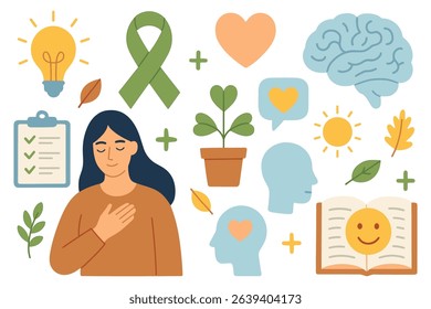 Mental wellness concept with icons representing brain health positivity self care and mindfulness growth