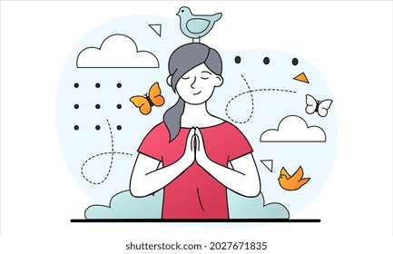 Mental Wellness Concept. Woman Meditates And Experiences Harmony With Herself And With World Around Her. Emotional Stability. Cartoon Doodle Flat Vector Illustration Isolated On White Background