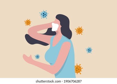 Mental Wellness In Coronavirus COVID-19 Pandemic, Loneliness Quarantine Causing Anxiety And Emotional Stressed Concept, Depressed Struggle Woman Wearing Protective Face Mask With Coronavirus Pathogen.