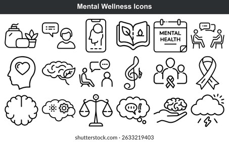 Ícones de bem-estar mental definir gráficos de arte de linha