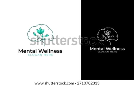 Mental wellness logo design. Brain symbol with nature or flower concept for emotion therapy. Psychology vector template