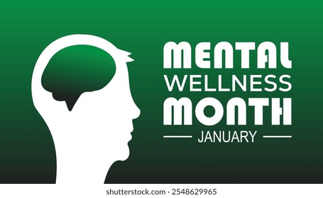 Mes del Bienestar Mental que se observa cada año durante enero. Concepto de Concienciación Médica Sanitaria. Plantilla de Vector para el Anuncio, tarjeta de felicitación, cartel con fondo.