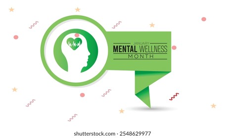 Mes del Bienestar Mental que se observa cada año durante enero. Concepto de Concienciación Médica Sanitaria. Plantilla de Vector para el Anuncio, tarjeta de felicitación, cartel con fondo.