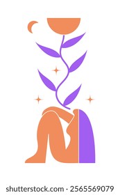 Mental women health, psychology concept. Self love, mind care, help, acceptance. Happy people with healthy mindset, psychotherapy, wellbeing. Flat vector illustration. 