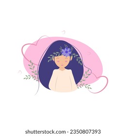Mental women's health. A young beautiful woman enjoys life, shows love and care for herself. Flat vector illustration with positive attitude concept.