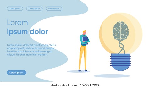 Mental Work Flat Landing Page Vector Template. Brain Activity, Idea Generation, Cerebration, Mentation Metaphor. Man with Book Faceless Character. Solution Development, Thinking Homepage Layout