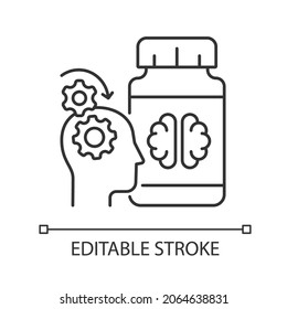 Psychische Arbeit ergänzt lineares Icon. Ergänzungen zur Verbesserung der Hirnfunktion. Nootrope Medikation. Dünne, anpassbare Illustration. Contour-Symbol. Vektor-einzelne Rahmenzeichnung. Bearbeitbarer Hub