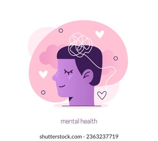 
Mentality. Character take care of mentality and learn self accepting. Mental health and psychotherapy concept. Vector illustration.
