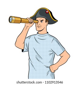 Mentally ill dressed in Napoleon hat with telescope pop art retro vector illustration. Isolated image on white background. Comic book style imitation.