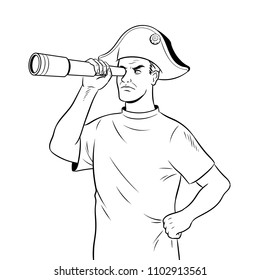 Mentally ill dressed in Napoleon hat with telescope coloring retro vector illustration. Isolated image on white background. Comic book style imitation.